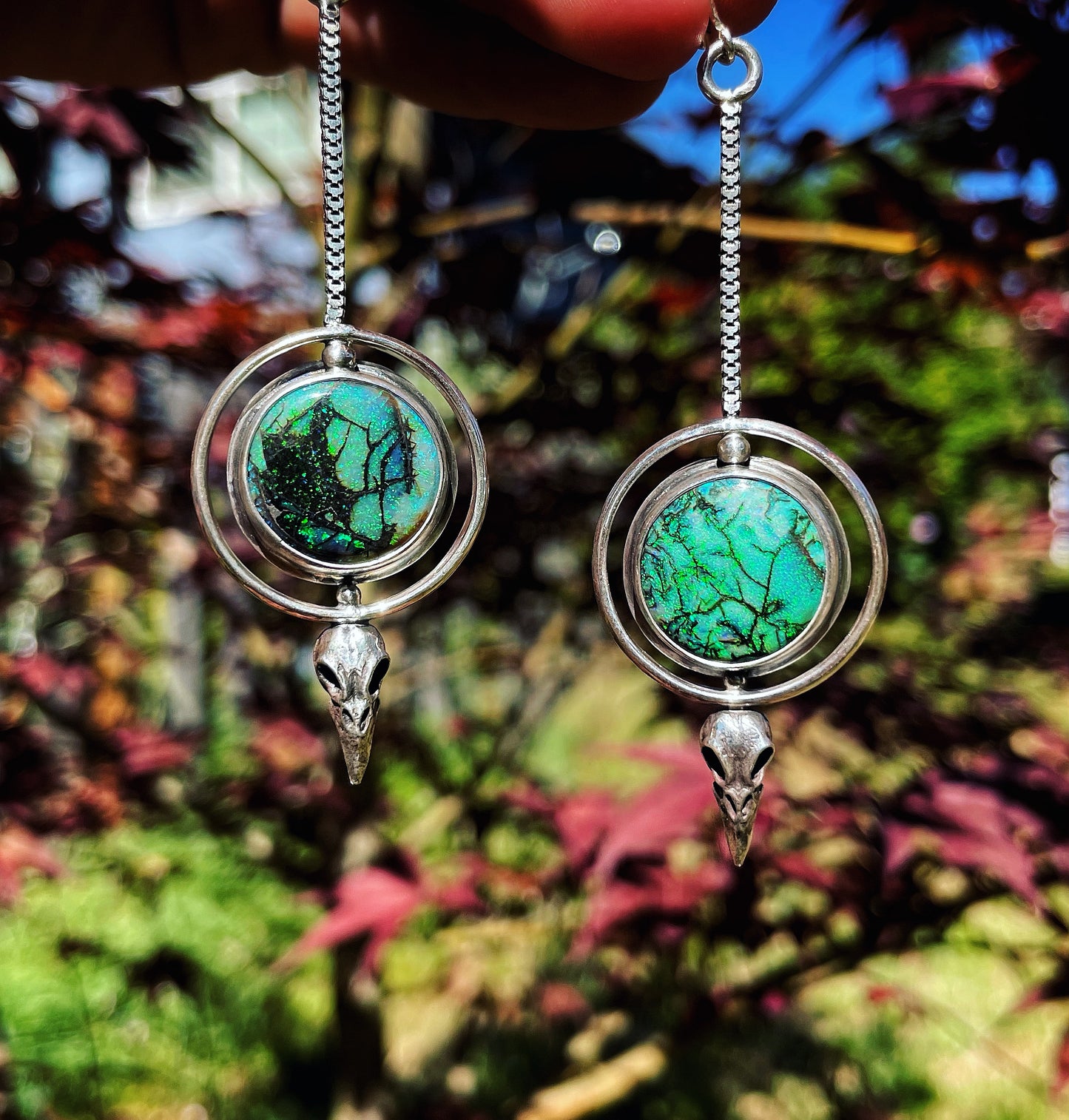 Monarch Opal Bird Skull Drop Earrings