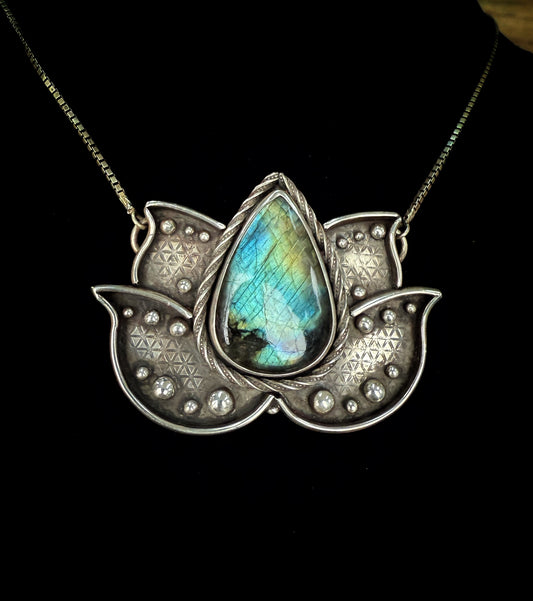 Labradorite Lotus Statement Necklace, Large